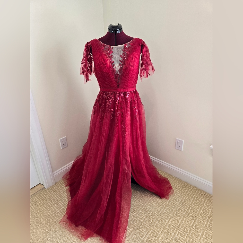 JJ's House Burgundy A-line Sequined Illusion Floor Length Evening Gown, Size 10